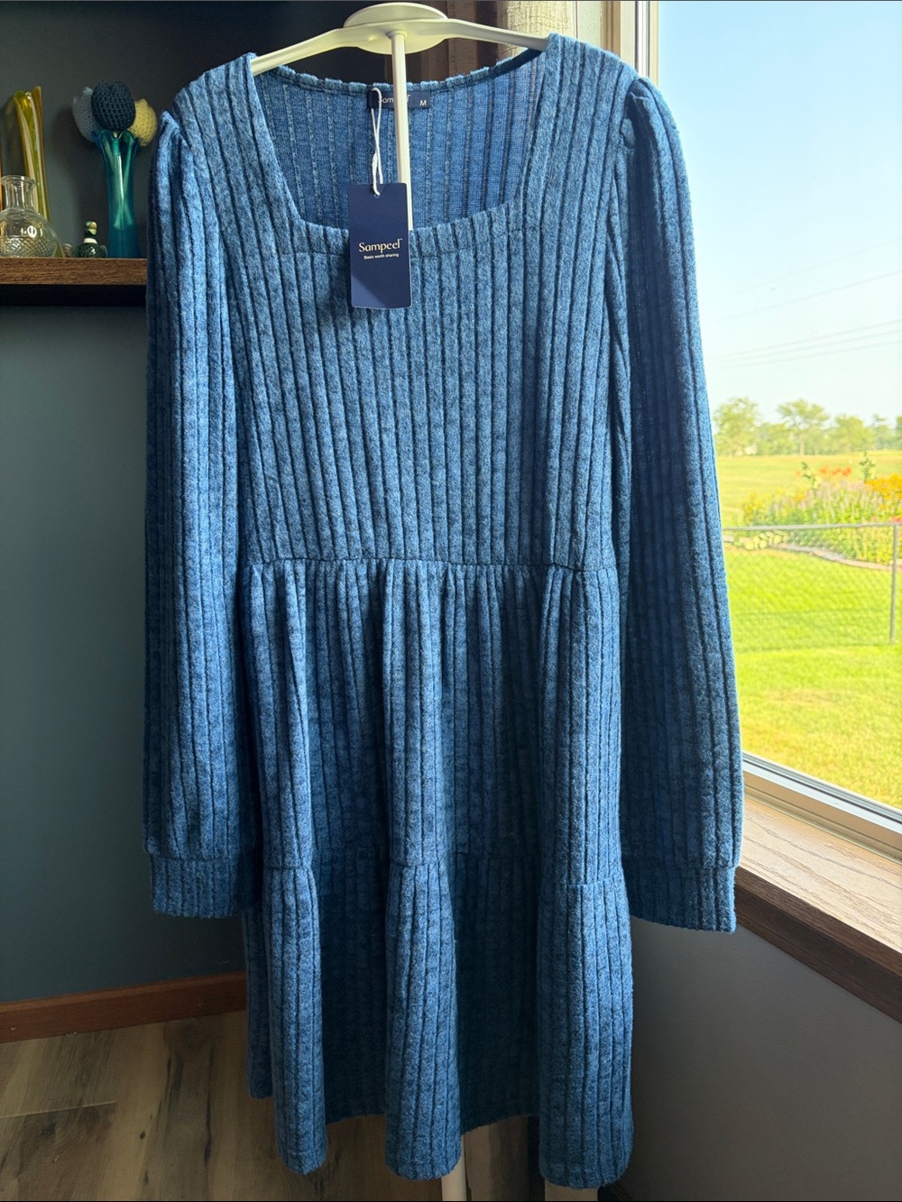 Blue Ribbed Long-Sleeve Casual Dress with pockets
